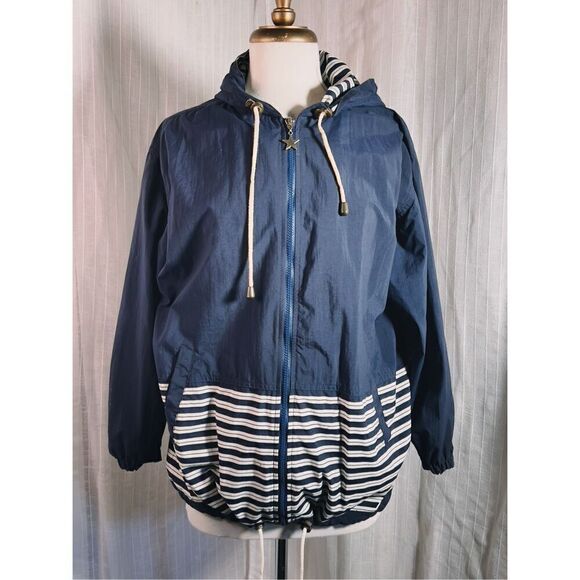 Vintage Dark Navy Striped Windbreaker Jacket - Size M - Picture 1 of 6